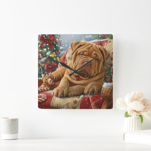 Shar Pei Hond Kerstfeest Vierkante Klok (Huis)