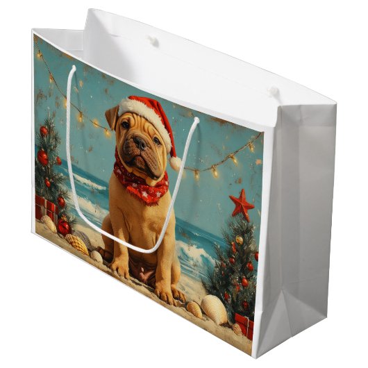 Shar Pei Hond Kerstmis Vintage Strand Groot Cadeauzakje (Voorkant Gekanteld)