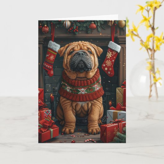 Shar Pei-hond met kerstcadeaus bij de open haard Kaart (Gele Bloem)