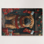 Shar Pei-hond met kerstcadeaus bij de open haard Legpuzzel (Horizontaal)