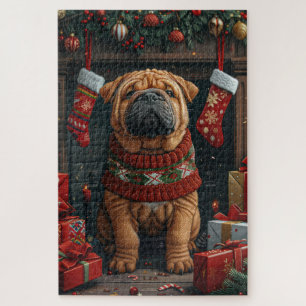 Shar Pei-hond met kerstcadeaus bij de open haard Legpuzzel