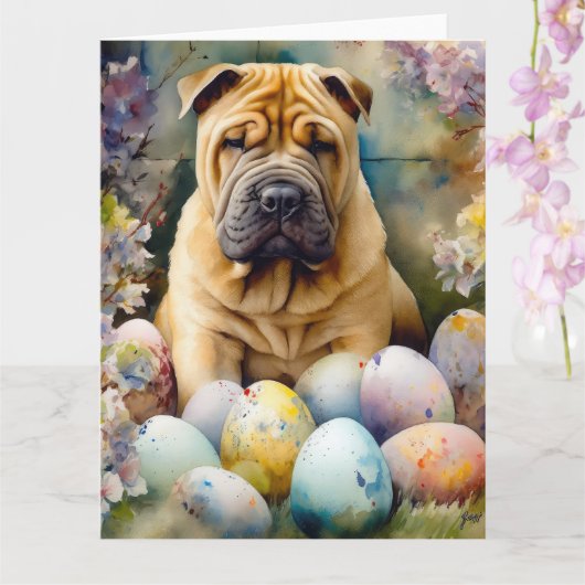 Shar Pei Hond met Paaseieren Vakantie Kaart (Orchidee)