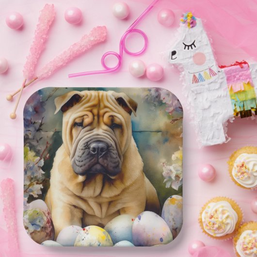 Shar Pei Hond met Paaseieren Vakantie Papieren Bordje (Feest)