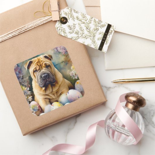 Shar Pei Hond met Paaseieren Vakantie Vierkante Sticker (Geschenken)