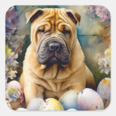 Shar Pei Hond met Paaseieren Vakantie Vierkante Sticker (Voorkant)