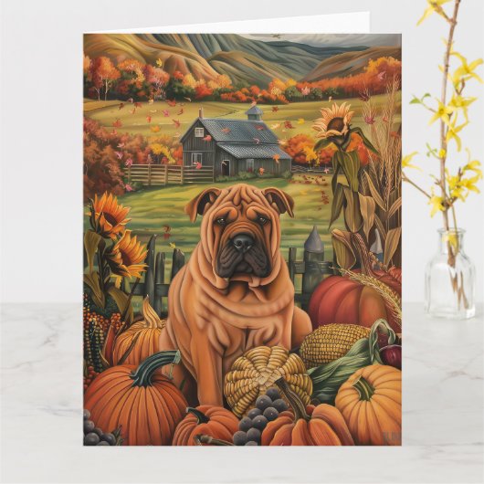 Shar Pei-hond Oogst Dankdag Kaart (Gele Bloem)
