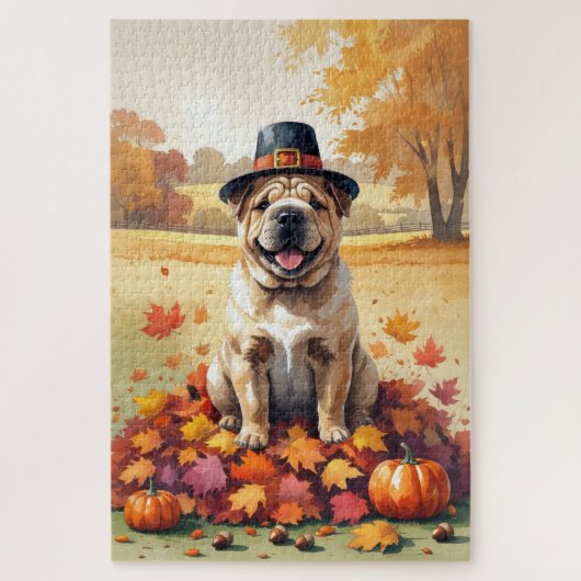 Shar Pei in herfstbladeren dankdag kunst Legpuzzel (Verticaal)