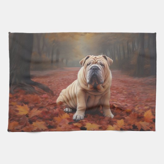 Shar Pei in herfstbladeren Herfst Inspire Theedoek (Horizontaal)