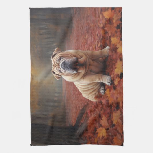 Shar Pei in herfstbladeren Herfst Inspire Theedoek (Verticaal)