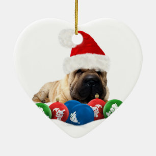 Shar Pei in Santa Hat Heart Ornament