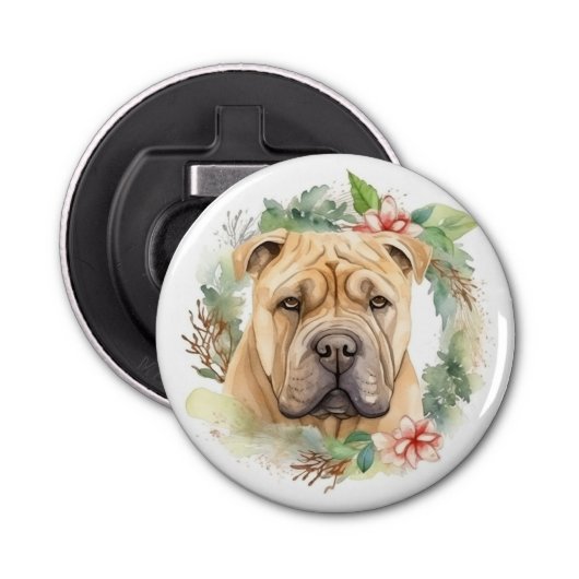 Shar Pei Kerstkrans Feestelijke Pup Button Flesopener (Voorkant)