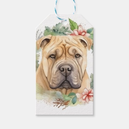 Shar Pei Kerstkrans Feestelijke Pup Cadeaulabel (Voorkant)