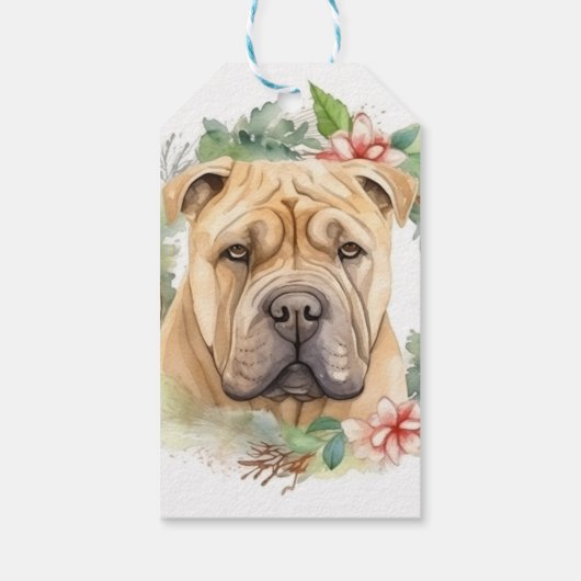 Shar Pei Kerstkrans Feestelijke Pup Cadeaulabel (Achterkant)