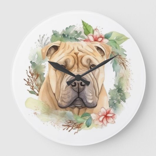 Shar Pei Kerstkrans Feestelijke Pup Grote Klok (Voorkant)