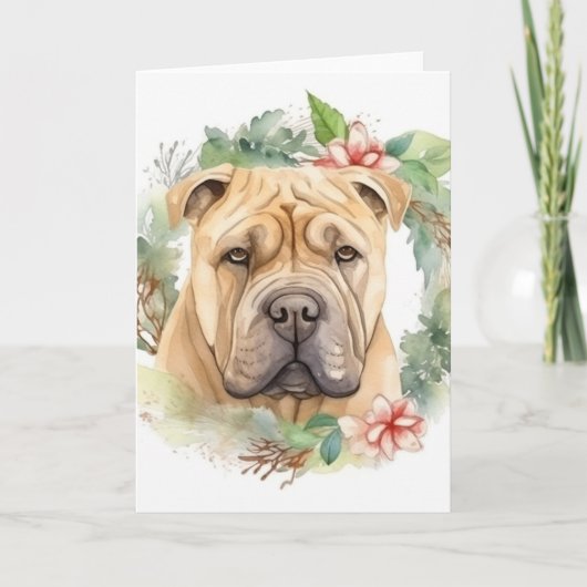 Shar Pei Kerstkrans Feestelijke Pup Kaart (Voorkant)