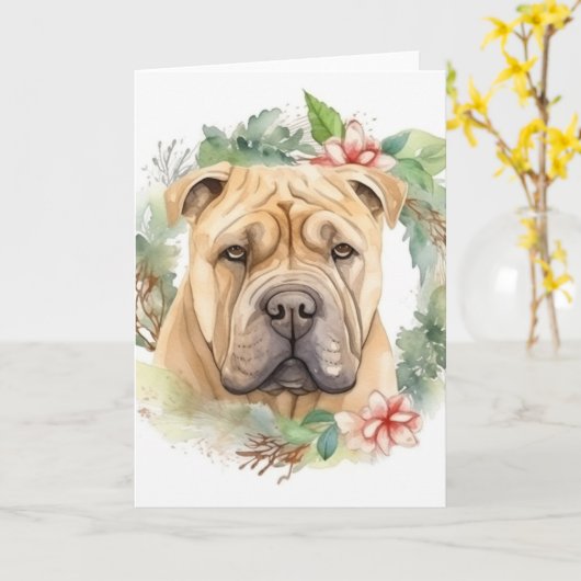 Shar Pei Kerstkrans Feestelijke Pup Kaart (Gele Bloem)