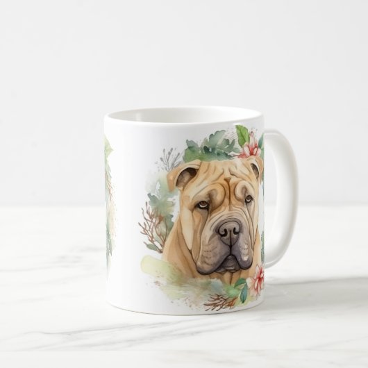 Shar Pei Kerstkrans Feestelijke Pup Koffiemok (Voorkant rechts)