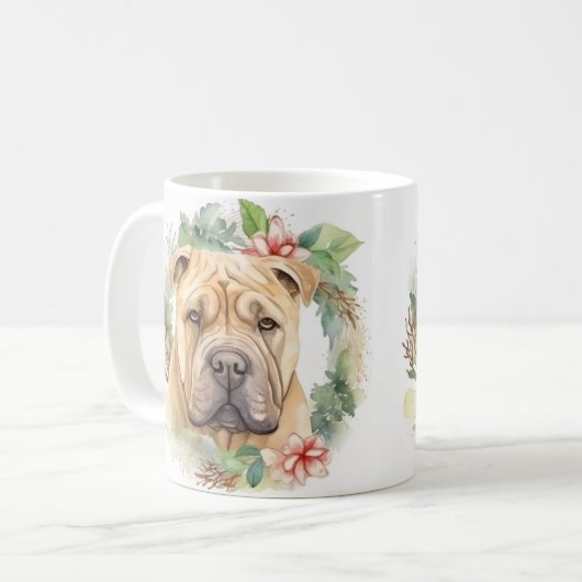 Shar Pei Kerstkrans Feestelijke Pup Koffiemok (Voorkant links)