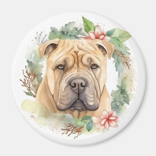 Shar Pei Kerstkrans Feestelijke Pup Magneet (Voorkant)
