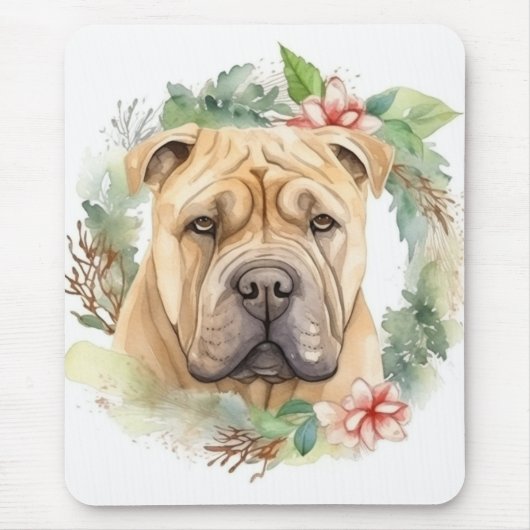 Shar Pei Kerstkrans Feestelijke Pup Muismat (Voorkant)
