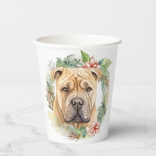 Shar Pei Kerstkrans Feestelijke Pup Papieren Bekers (Voorkant)