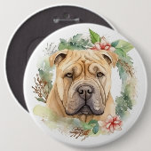 Shar Pei Kerstkrans Feestelijke Pup Ronde Button 6,0 Cm (Voorkant /achterkant)