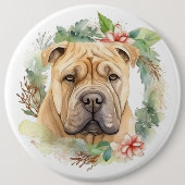Shar Pei Kerstkrans Feestelijke Pup Ronde Button 6,0 Cm (Voorkant)