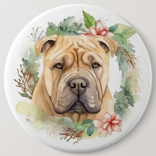 Shar Pei Kerstkrans Feestelijke Pup Ronde Button 6,0 Cm (Voorkant)