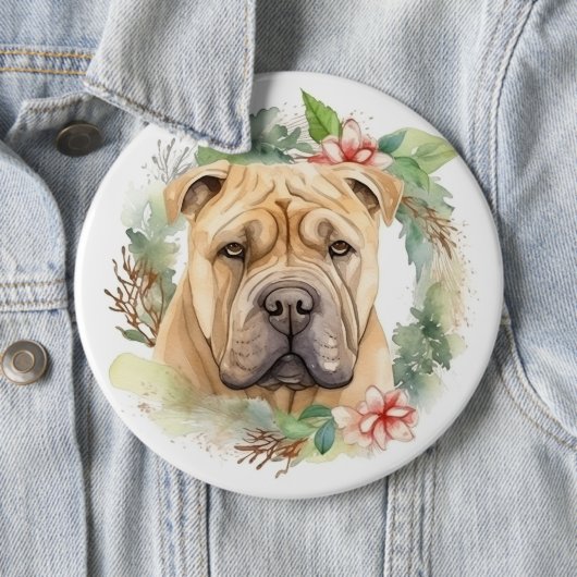 Shar Pei Kerstkrans Feestelijke Pup Ronde Button 6,0 Cm (In situ)