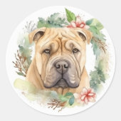Shar Pei Kerstkrans Feestelijke Pup Ronde Sticker (Voorkant)