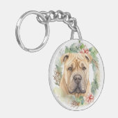 Shar Pei Kerstkrans Feestelijke Pup Sleutelhanger (Voorkant Links)