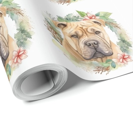 Shar Pei Kerstkrans Festieve Pup Cadeaupapier (Rol Hoek)