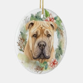 Shar Pei Kerstkrans Festieve Pup Keramisch Ornament (Rechts)