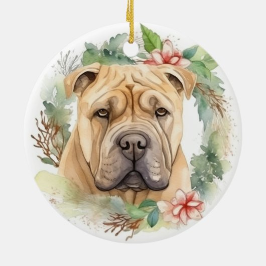 Shar Pei Kerstkrans Festieve Pup Keramisch Ornament (Achterkant)