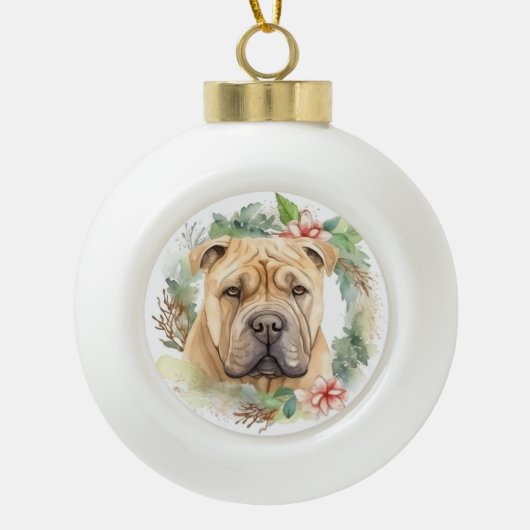 Shar Pei Kerstkrans Festieve Pup  Keramische Bal Ornament (Voorkant)