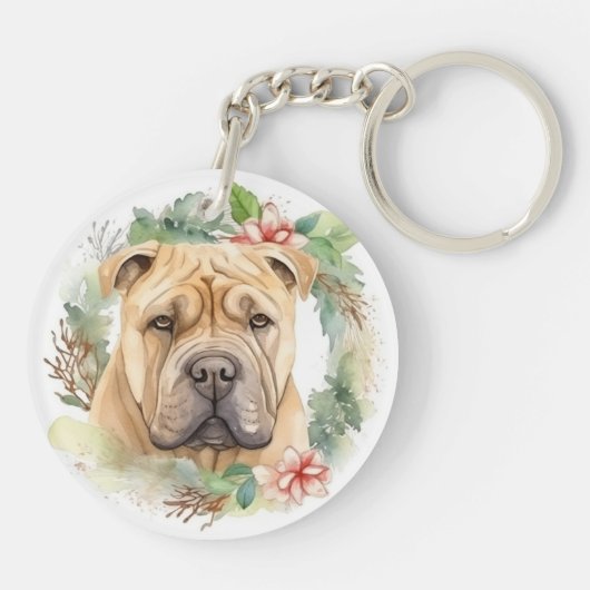 Shar Pei Kerstkrans Festieve Pup Sleutelhanger (Achterkant)
