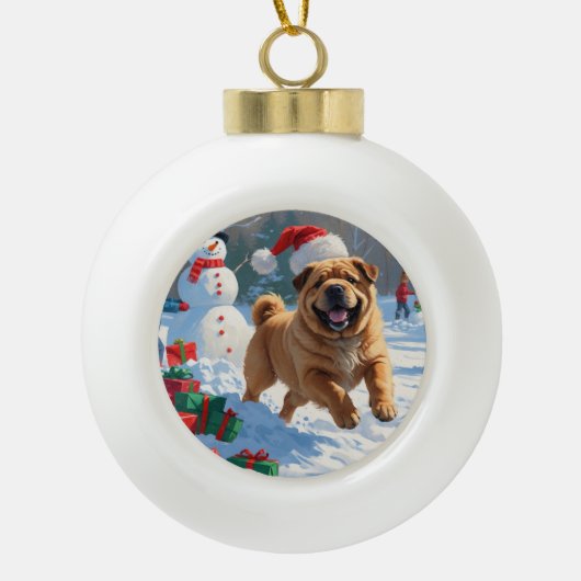 Shar Pei loopt in de sneeuw met kerst Pet Keramische Bal Ornament (Voorkant)