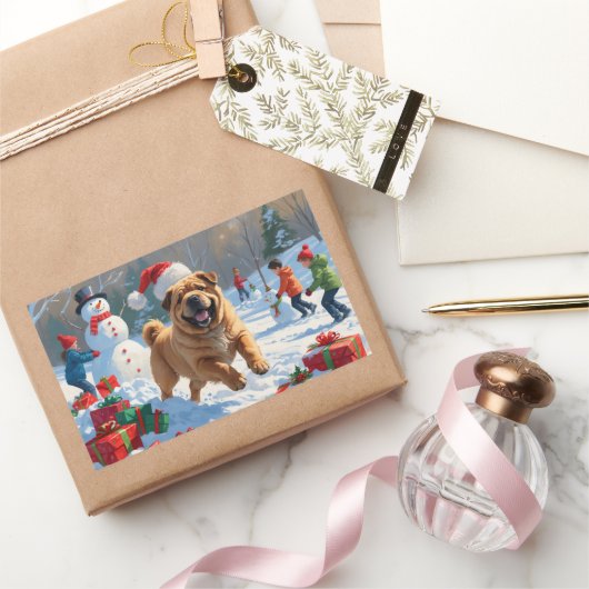 Shar Pei loopt in de sneeuw met kerst Pet Rechthoekige Sticker (Geschenken)