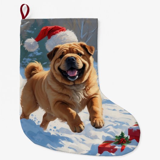 Shar Pei loopt in de sneeuw met kerstmuts Grote Kerstsok (Voorkant)