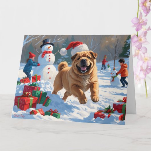 Shar Pei loopt in de sneeuw met kerstmuts Kaart (Orchidee)