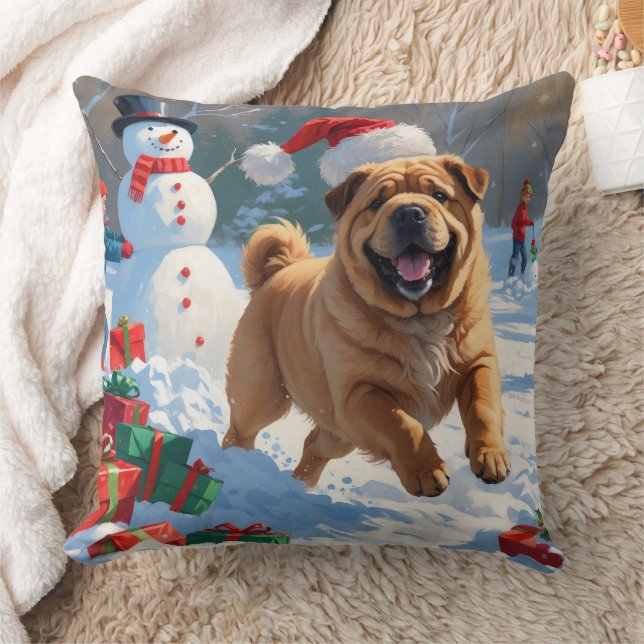 Shar Pei loopt in de sneeuw met kerstmuts Kussen (Deken)