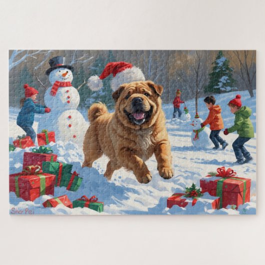 Shar Pei loopt in de sneeuw met kerstmuts Legpuzzel (Horizontaal)