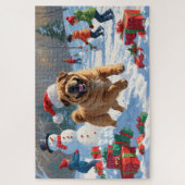 Shar Pei loopt in de sneeuw met kerstmuts Legpuzzel (Verticaal)