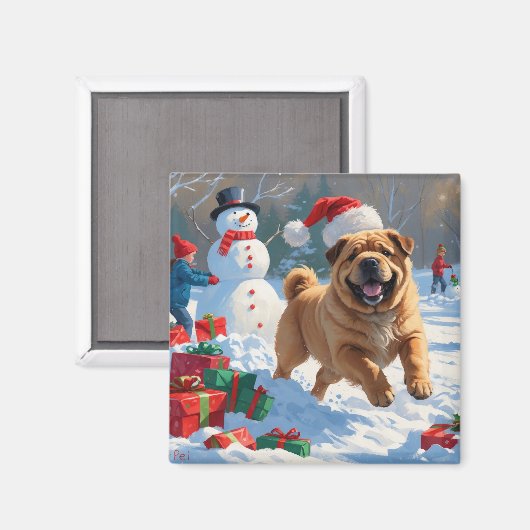Shar Pei loopt in de sneeuw met kerstmuts Magneet (Voorkant / Achterkant)
