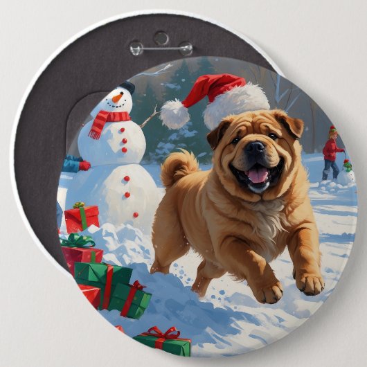 Shar Pei loopt in de sneeuw met kerstmuts Ronde Button 6,0 Cm (Voorkant /achterkant)