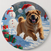 Shar Pei loopt in de sneeuw met kerstmuts Ronde Button 6,0 Cm (Voorkant)