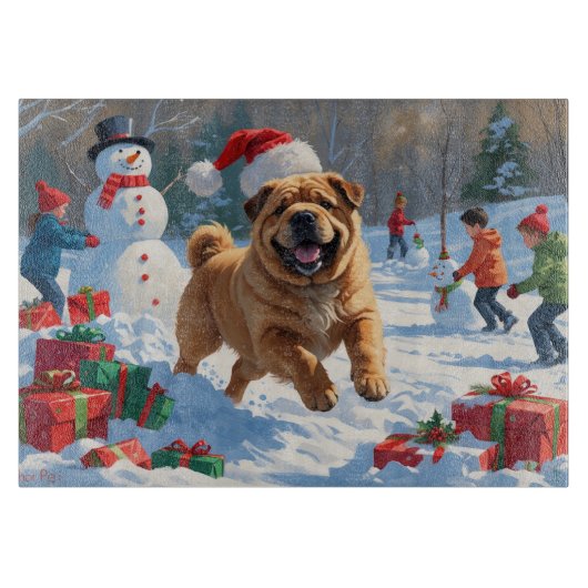 Shar Pei loopt in de sneeuw met kerstmuts Snijplank (Voorkant)