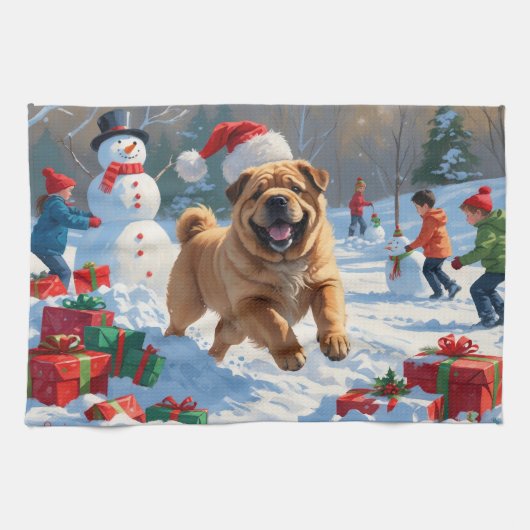 Shar Pei loopt in de sneeuw met kerstmuts Theedoek (Horizontaal)