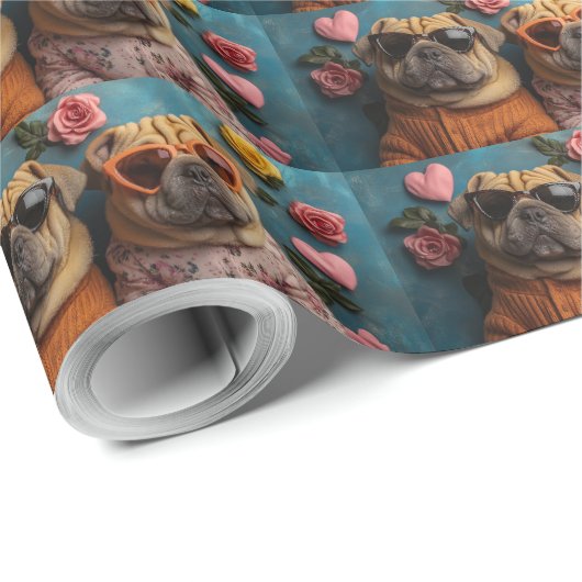 Shar Pei met Heart Rozen Valentijnsdag Cadeaupapier (Rol Hoek)