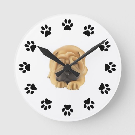 Shar Pei Paw Print Wall-klok Ronde Klok (Voorkant)